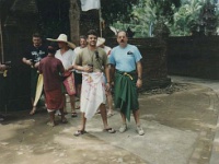 IDN Bali 1990OCT WRLFC WGT 016  When entering a temple you must have your legs covered, hence the sarongs. : 1990, 1990 World Grog Tour, Asia, Bali, Date, Indonesia, Month, October, Places, Rugby League, Sports, Wests Rugby League Football Club, Year